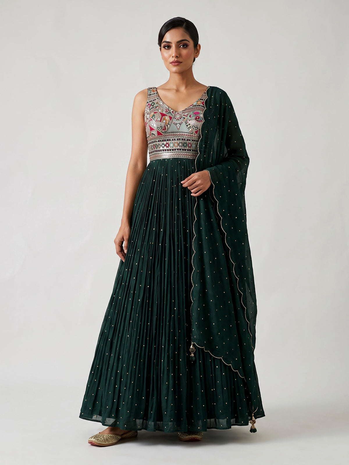Bottle green embroidered and sequins georgette anarkali suit