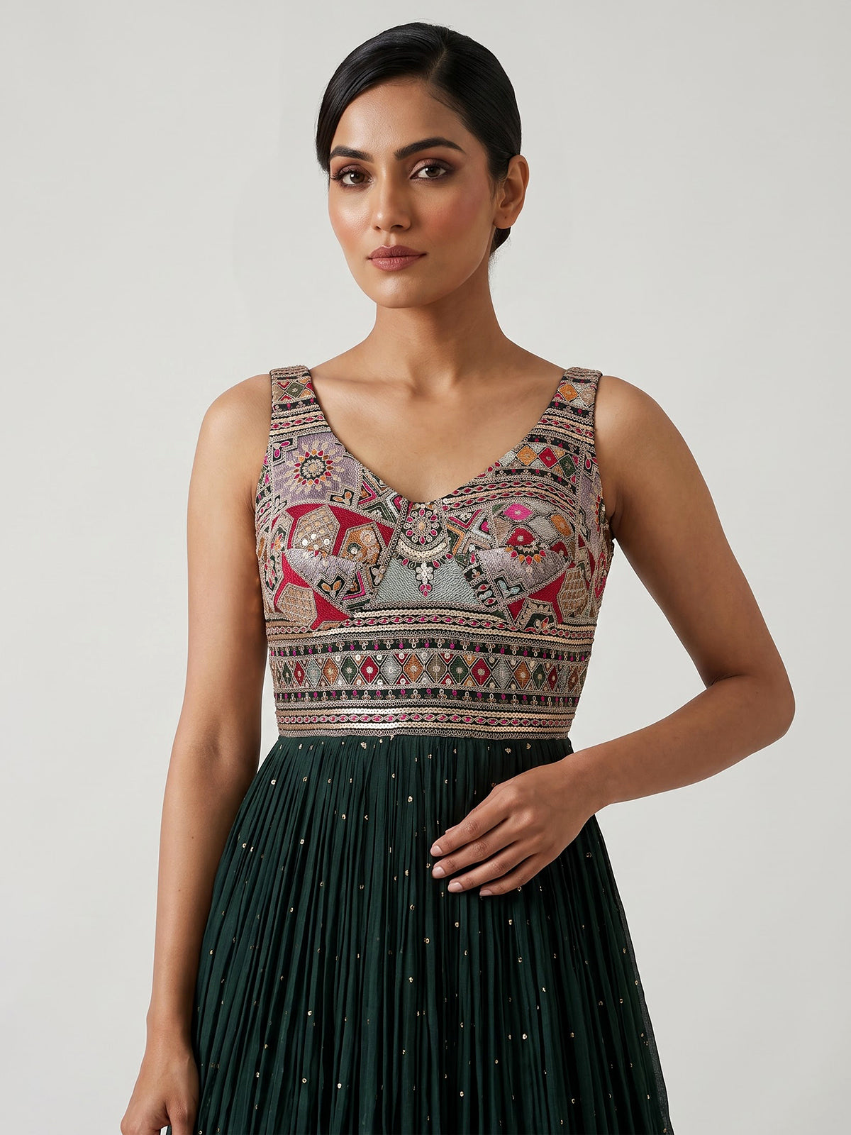 Bottle green embroidered and sequins georgette anarkali suit