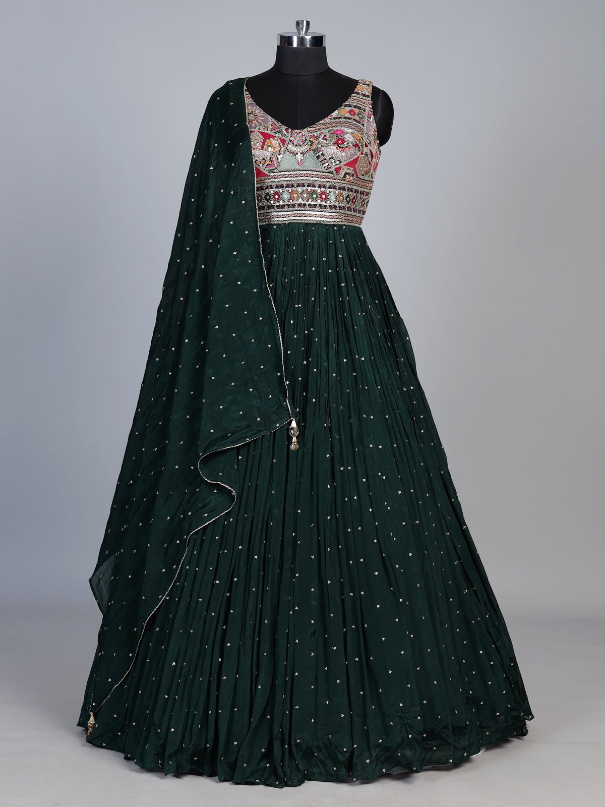 Bottle green embroidered and sequins georgette anarkali suit