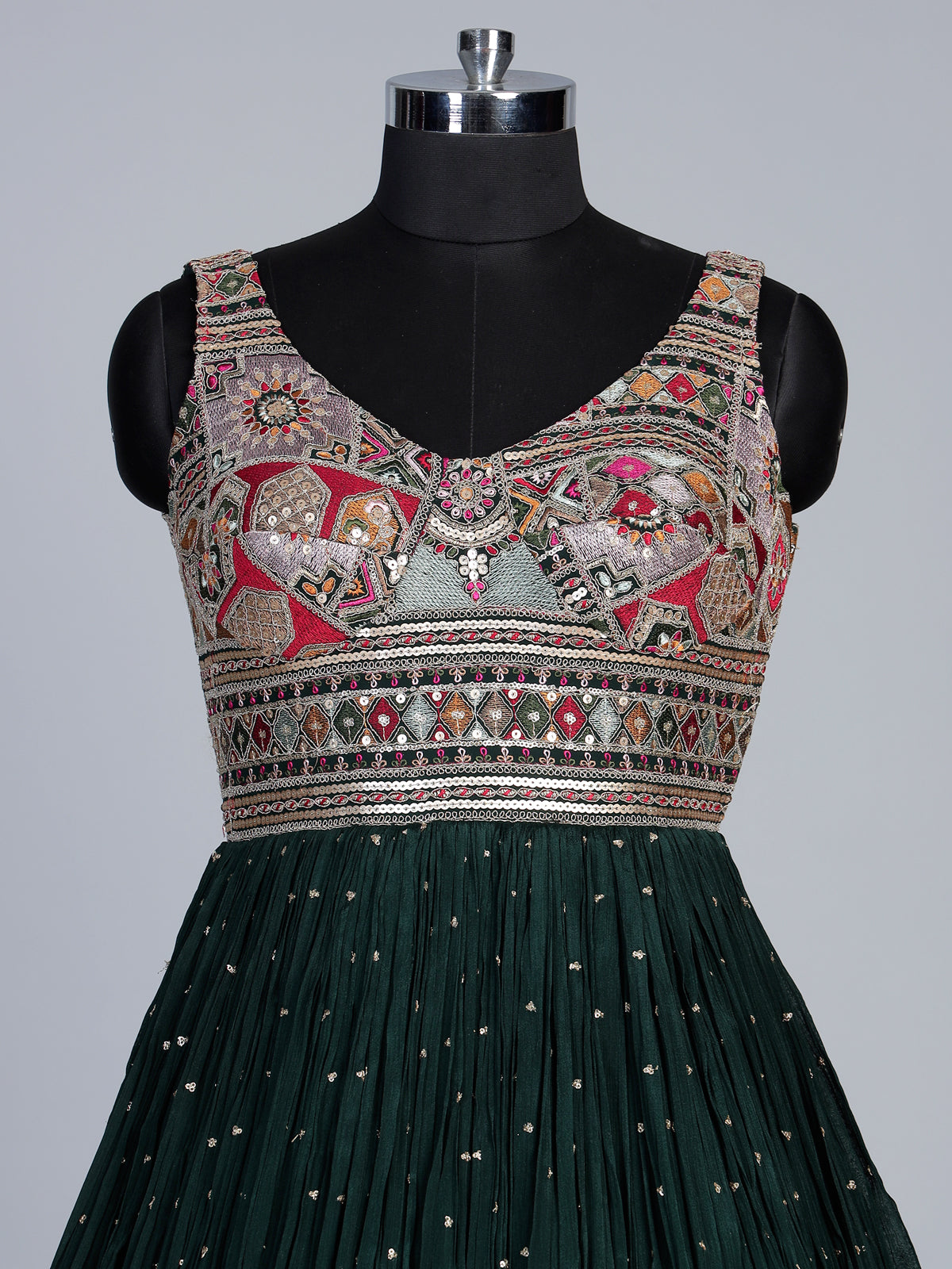 Bottle green embroidered and sequins georgette anarkali suit