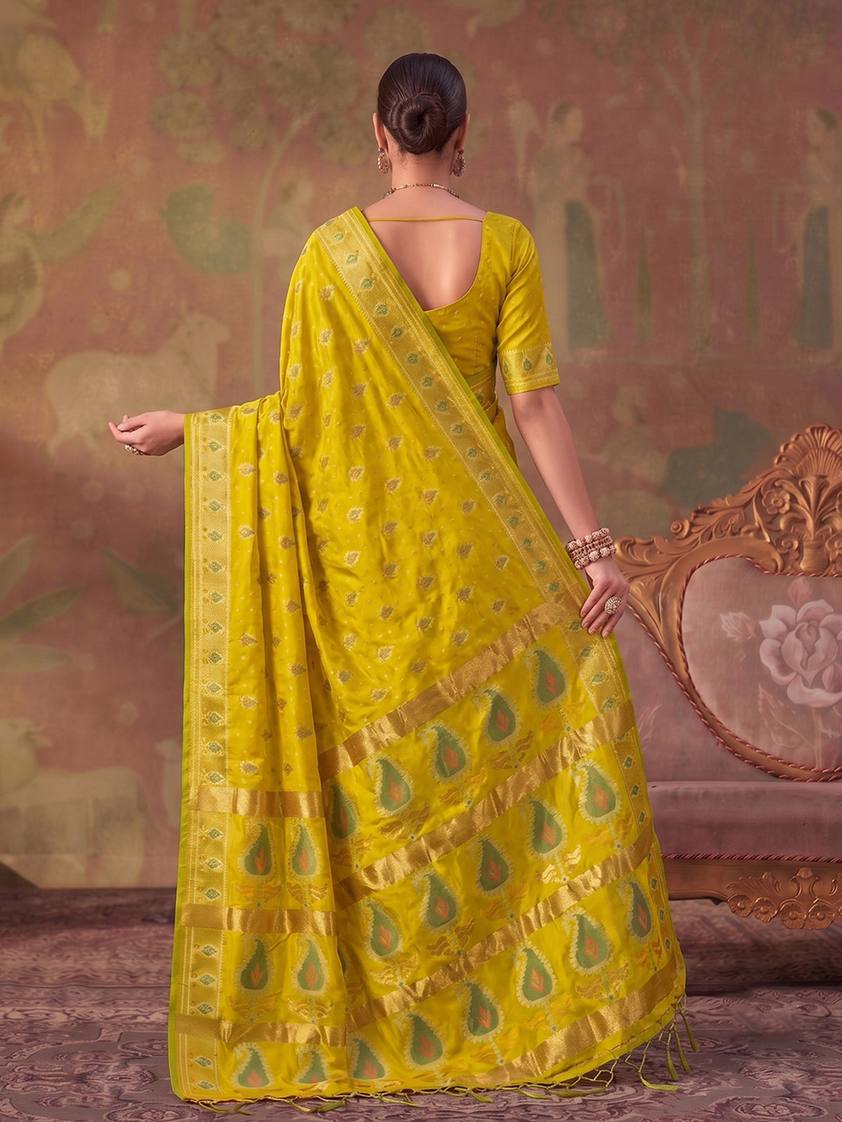 Yellow zari woven women saree with unstitched blouse
