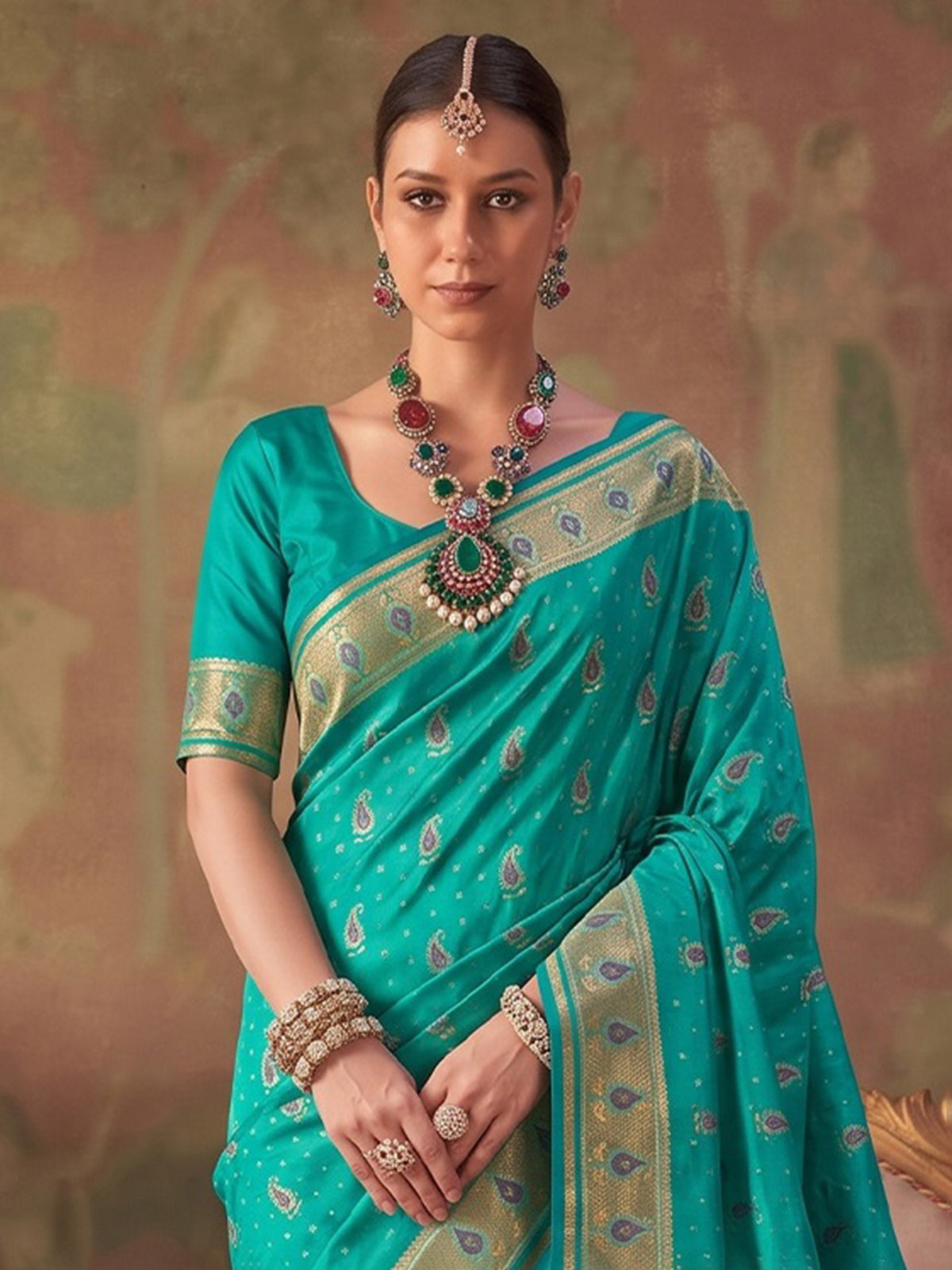 Aqua blue zari woven women saree with unstitched blouse
