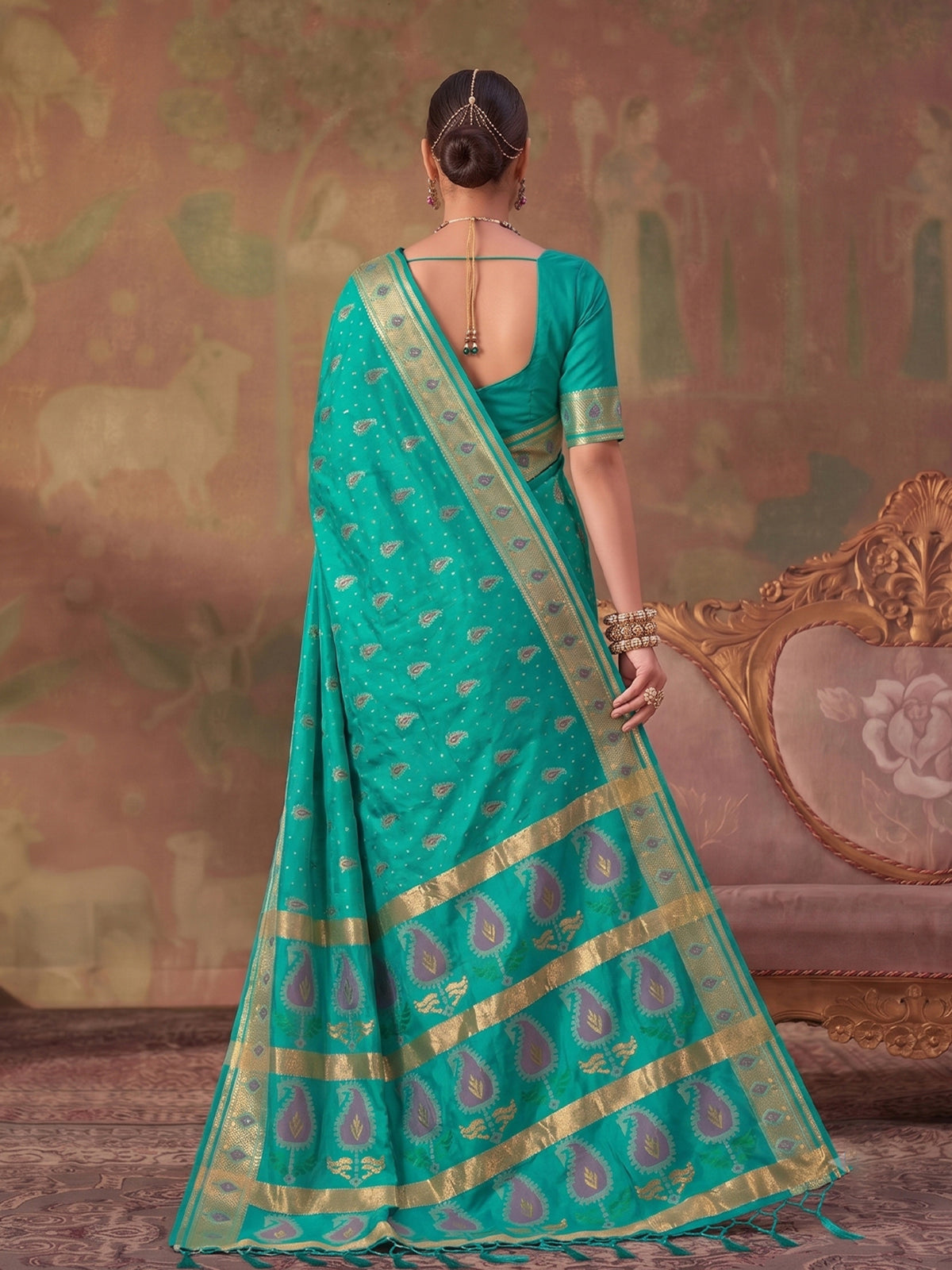 Aqua blue zari woven women saree with unstitched blouse