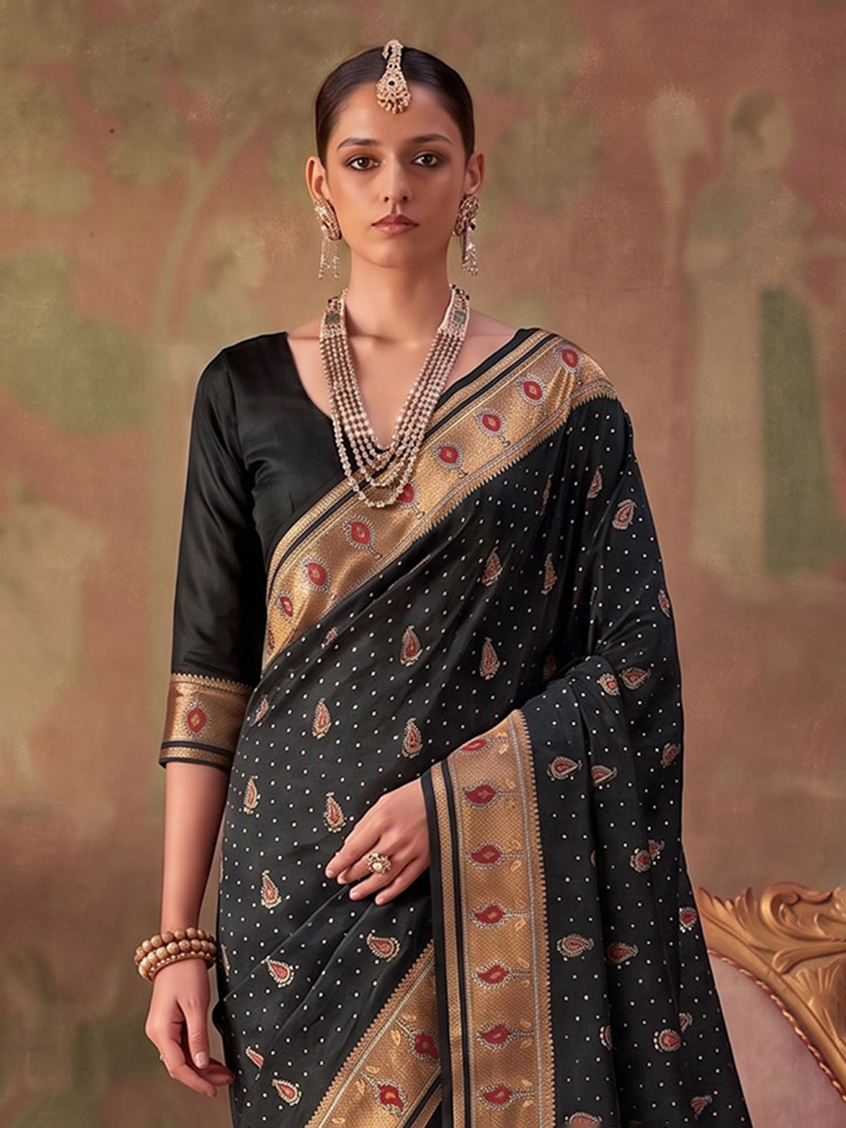 Black zari woven women saree with unstitched blouse