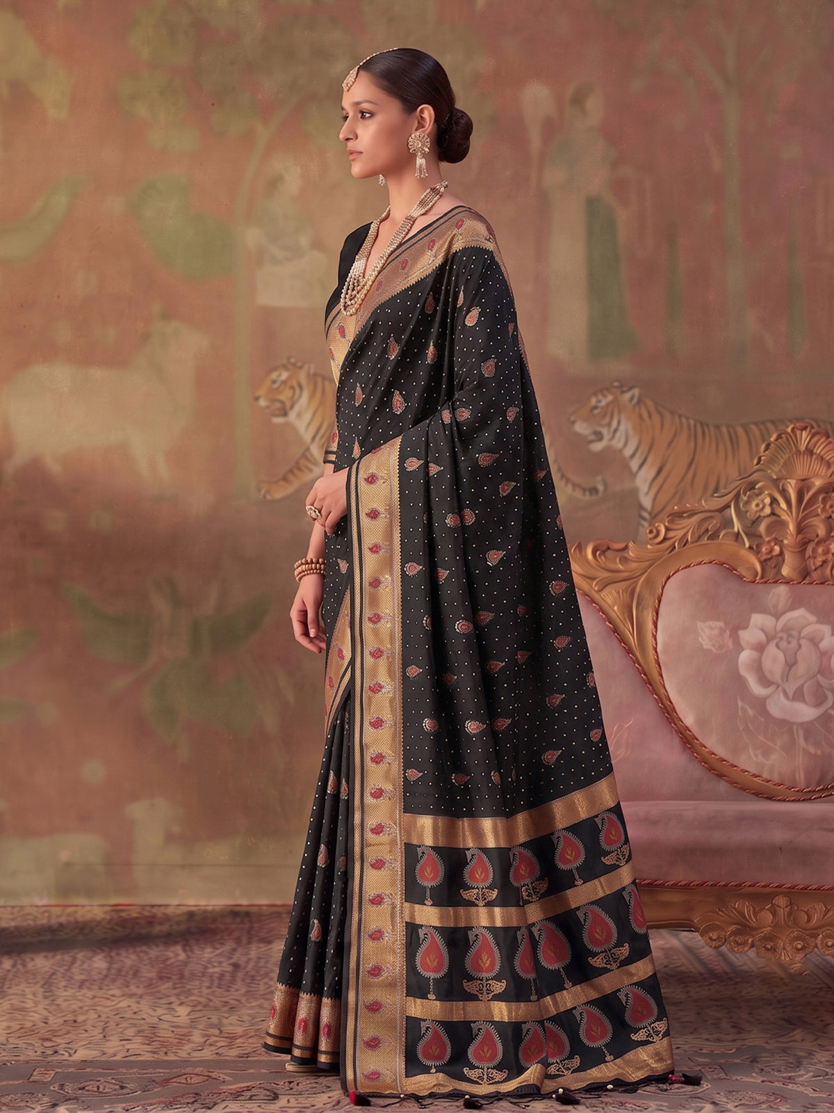 Black zari woven women saree with unstitched blouse