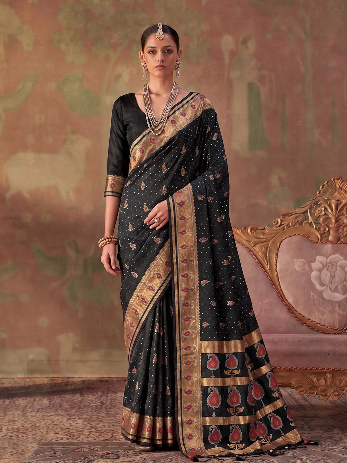 Black zari woven women saree with unstitched blouse