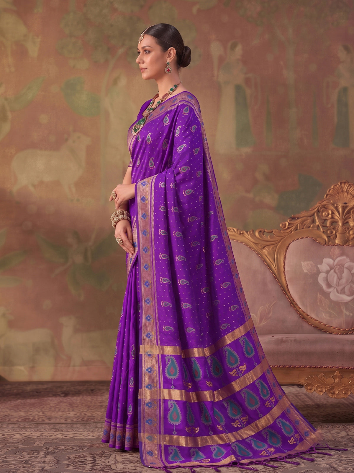 Purple zari woven women saree with unstitched blouse