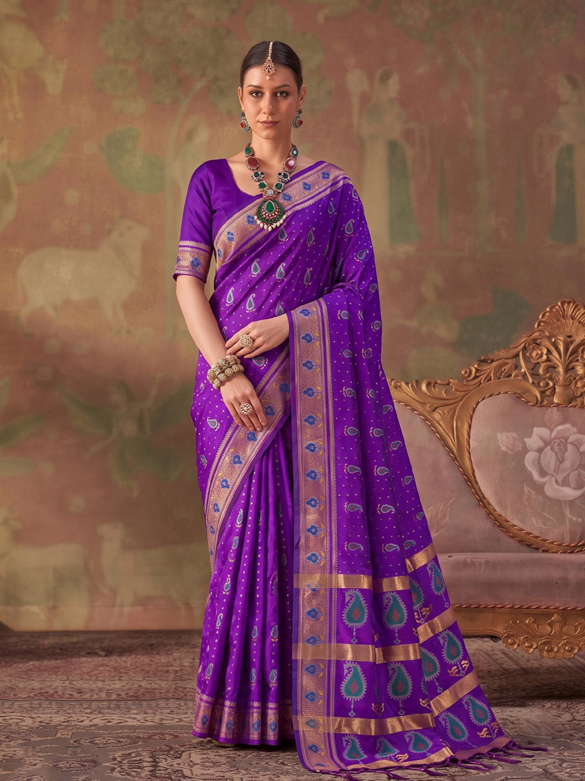 Purple zari woven women saree with unstitched blouse