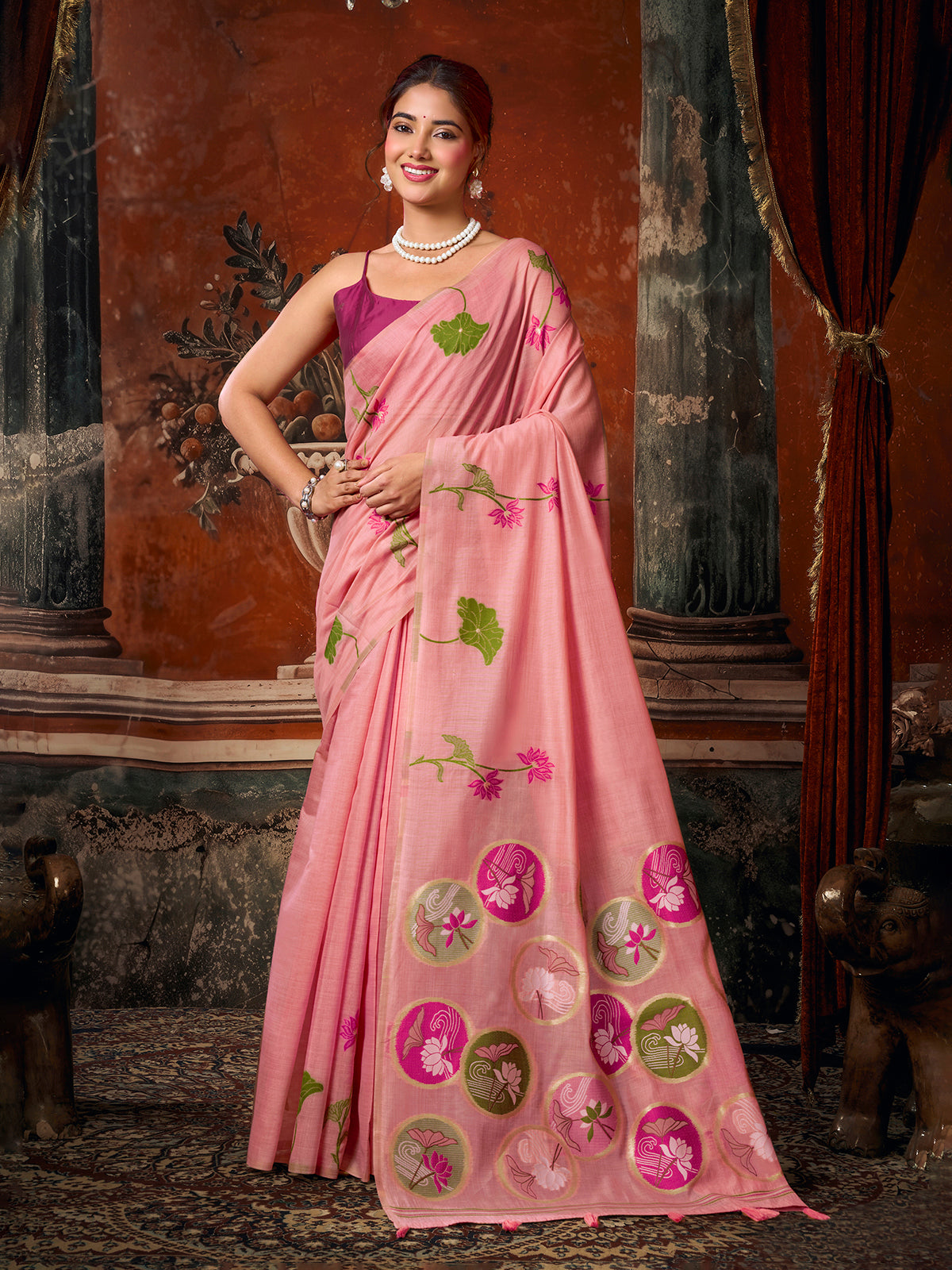 Pink lotus printed women saree with unstitched contrast blouse