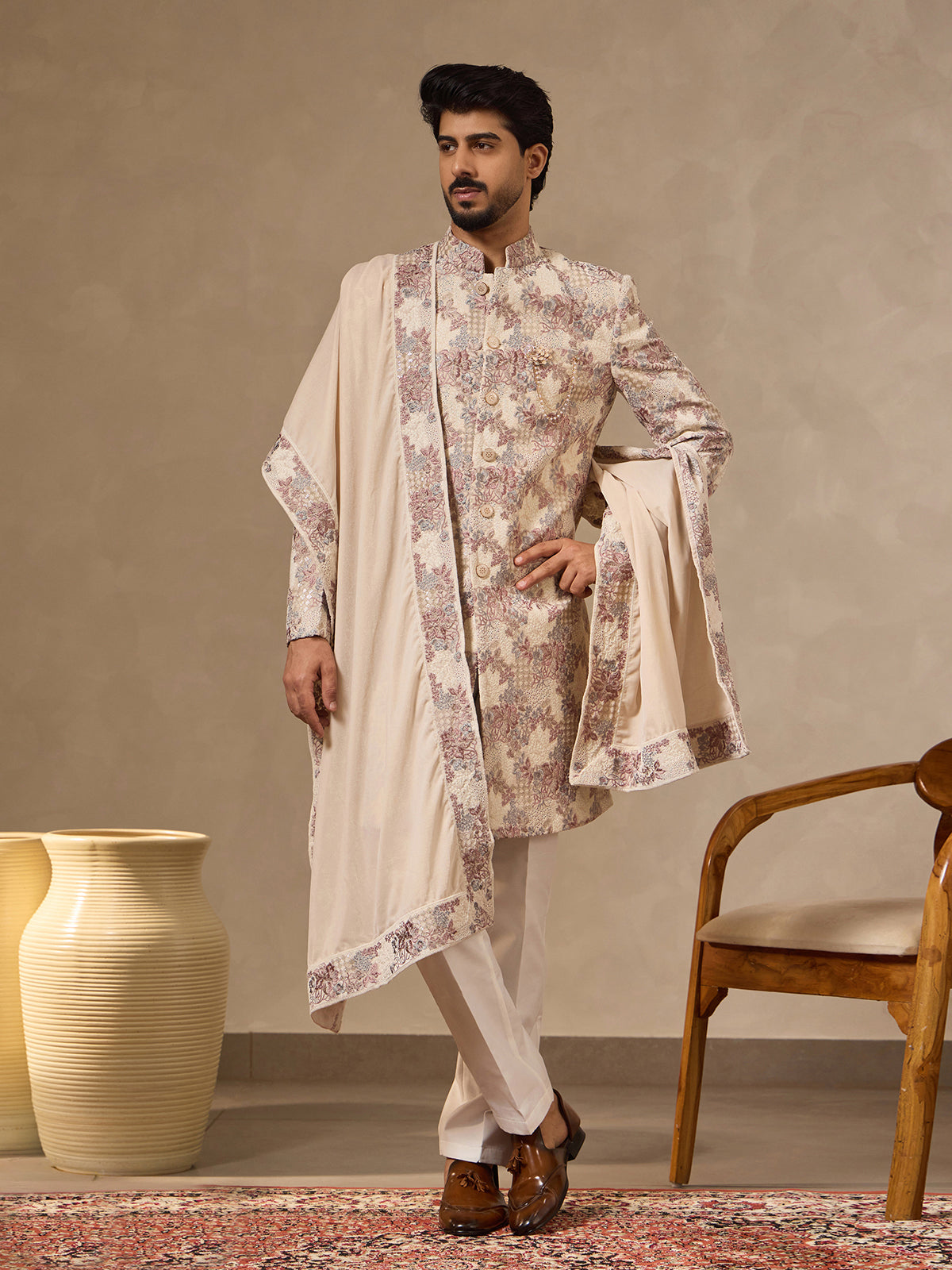 Fawn art silk mens embroidered Indo western