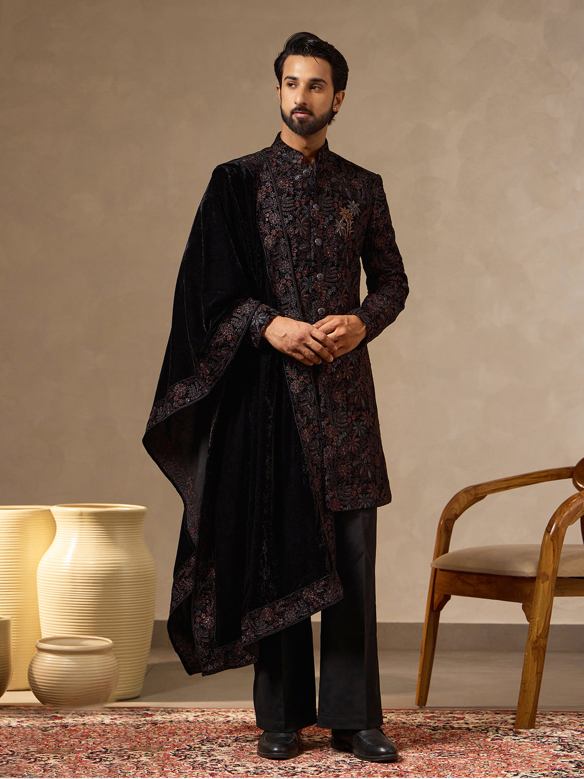 Black velvet mens floral embroidered Indo western