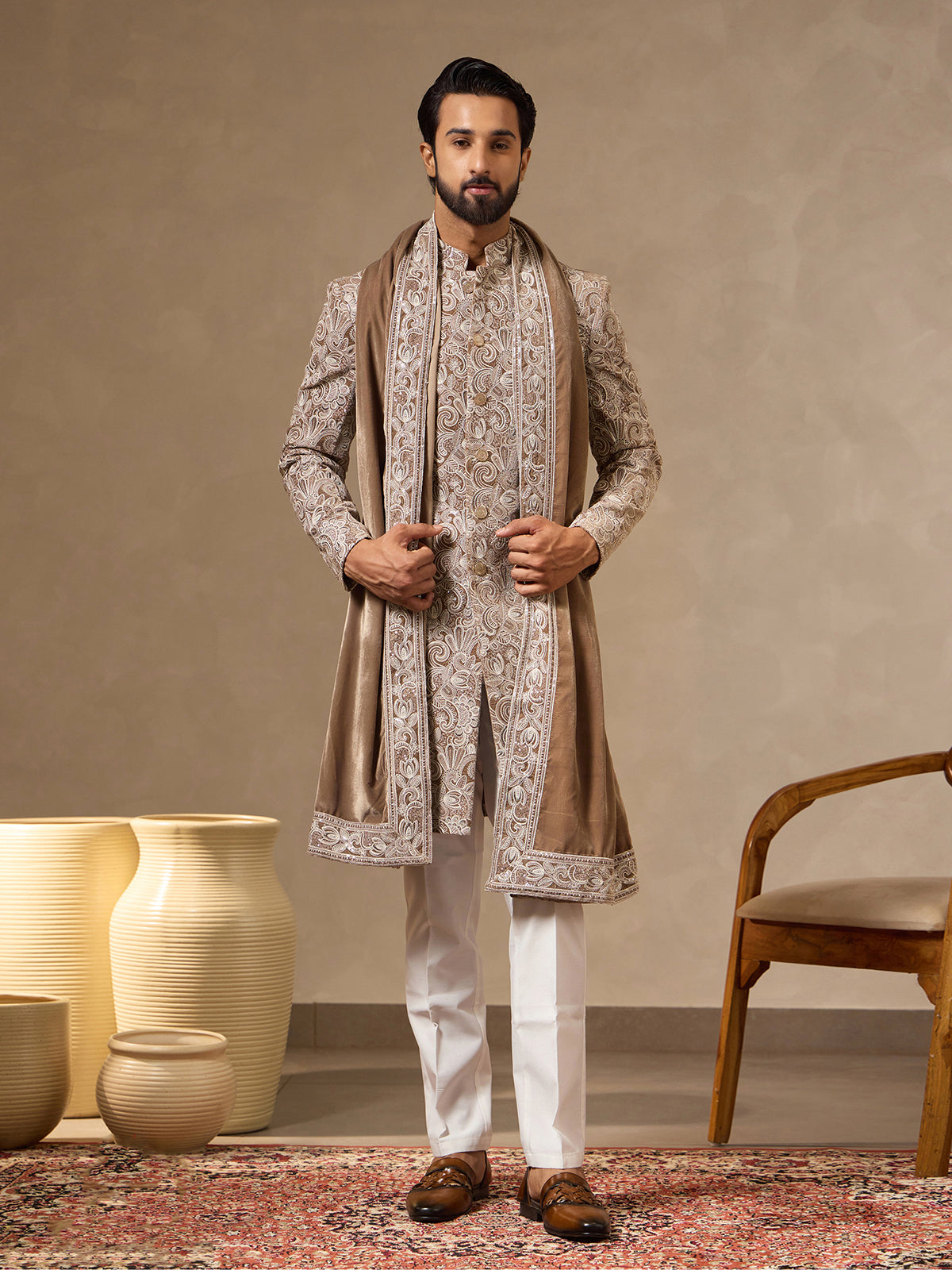 Khaki brown silk mens paisley Indo western