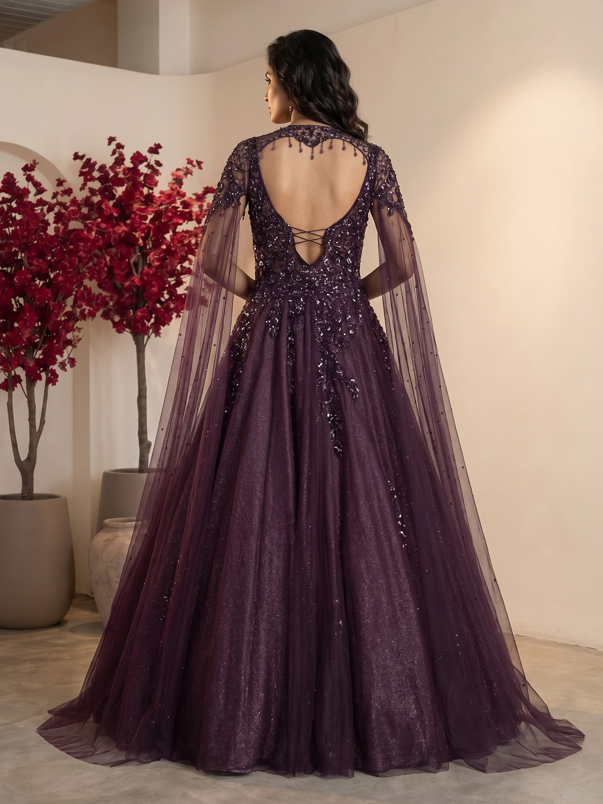 Wine womens designer choker cape gown