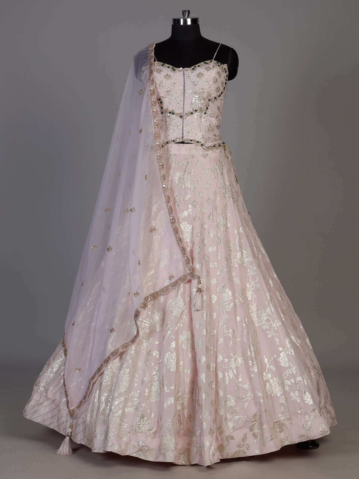 Baby pink womens brocade corset lehenga
