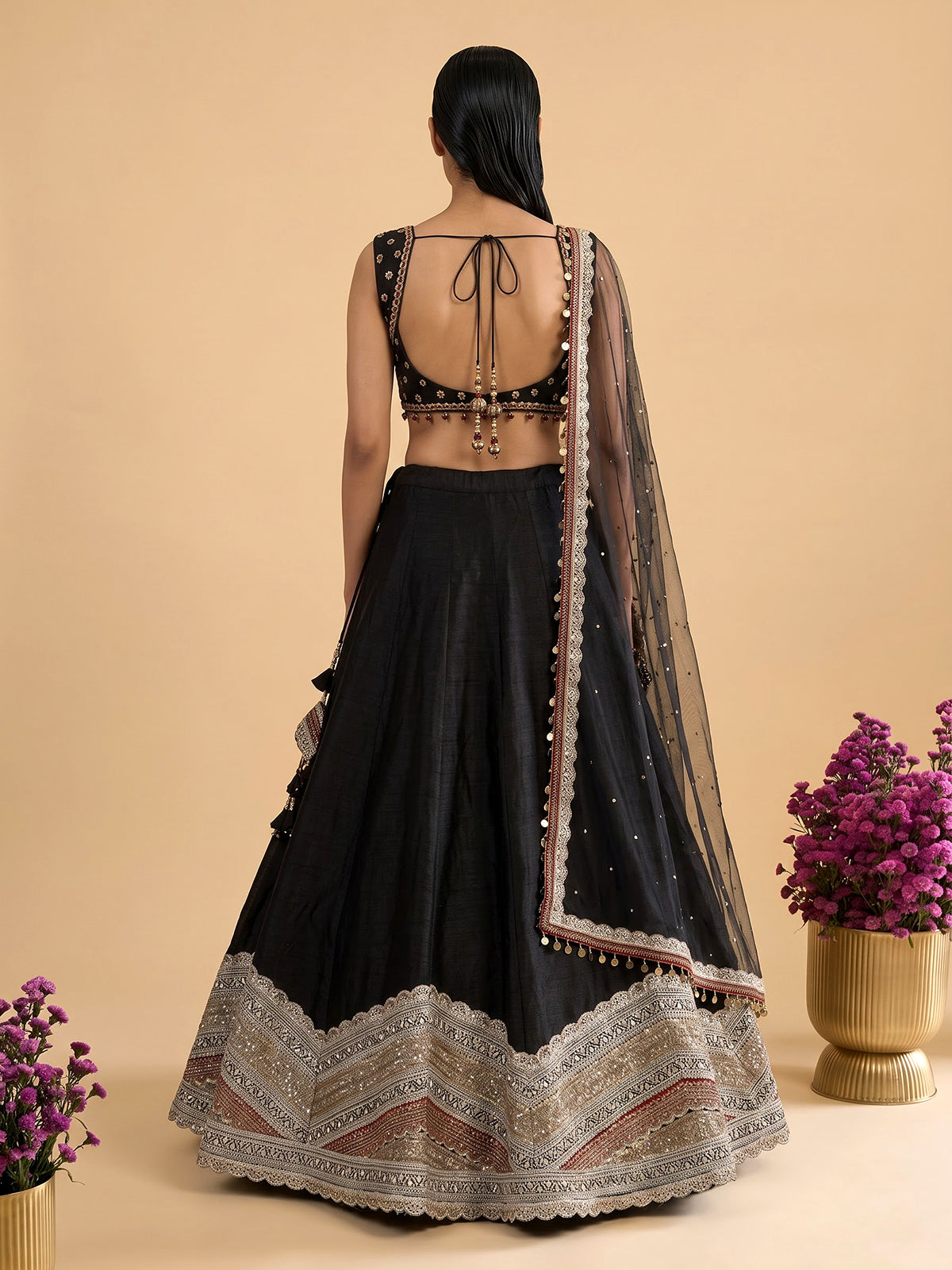 Black womens zardosi paisley lehenga choli