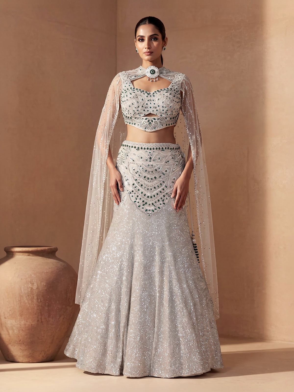Off white womens silver sequin lehenga