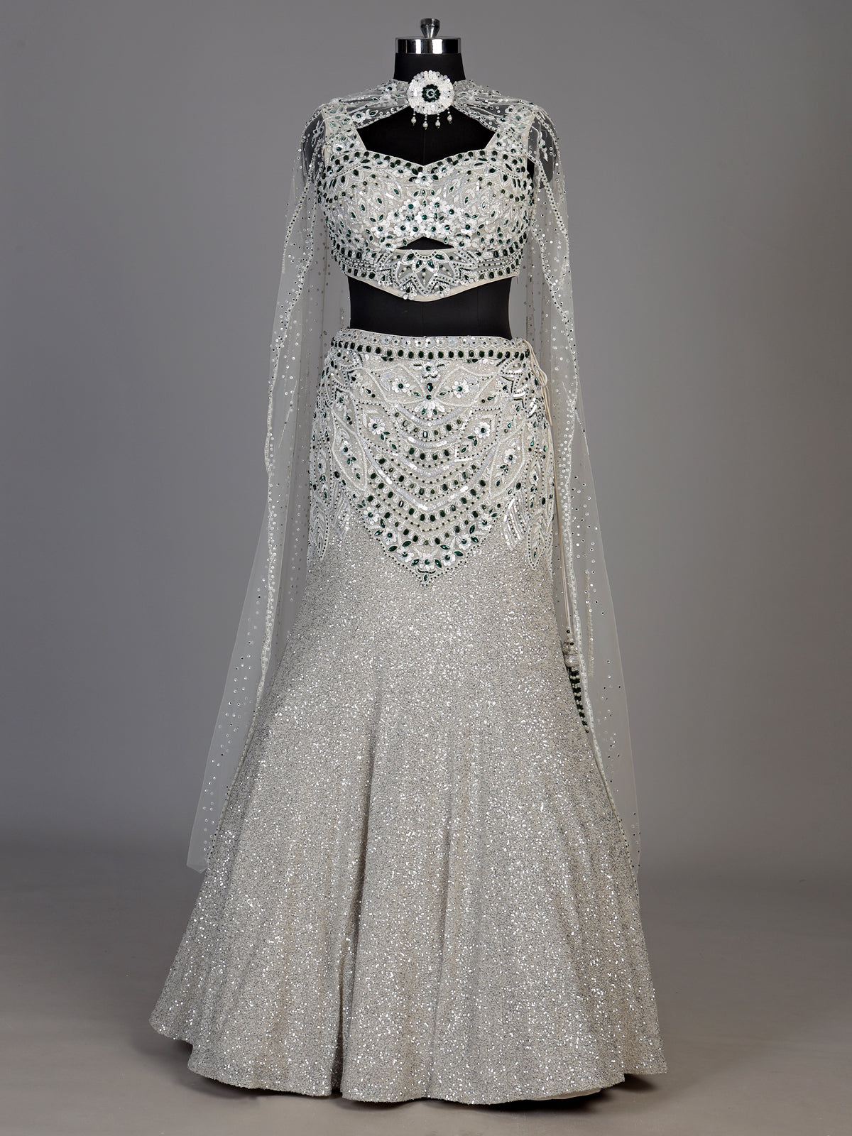 Off white womens silver sequin lehenga