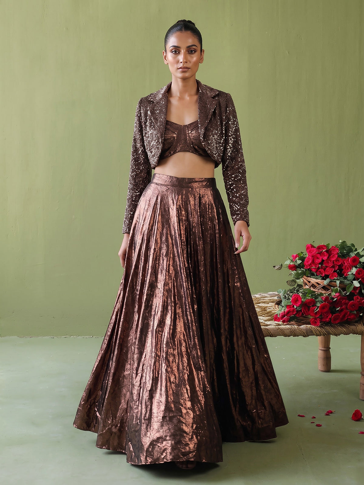 Brown womens metallic couture lehenga choli