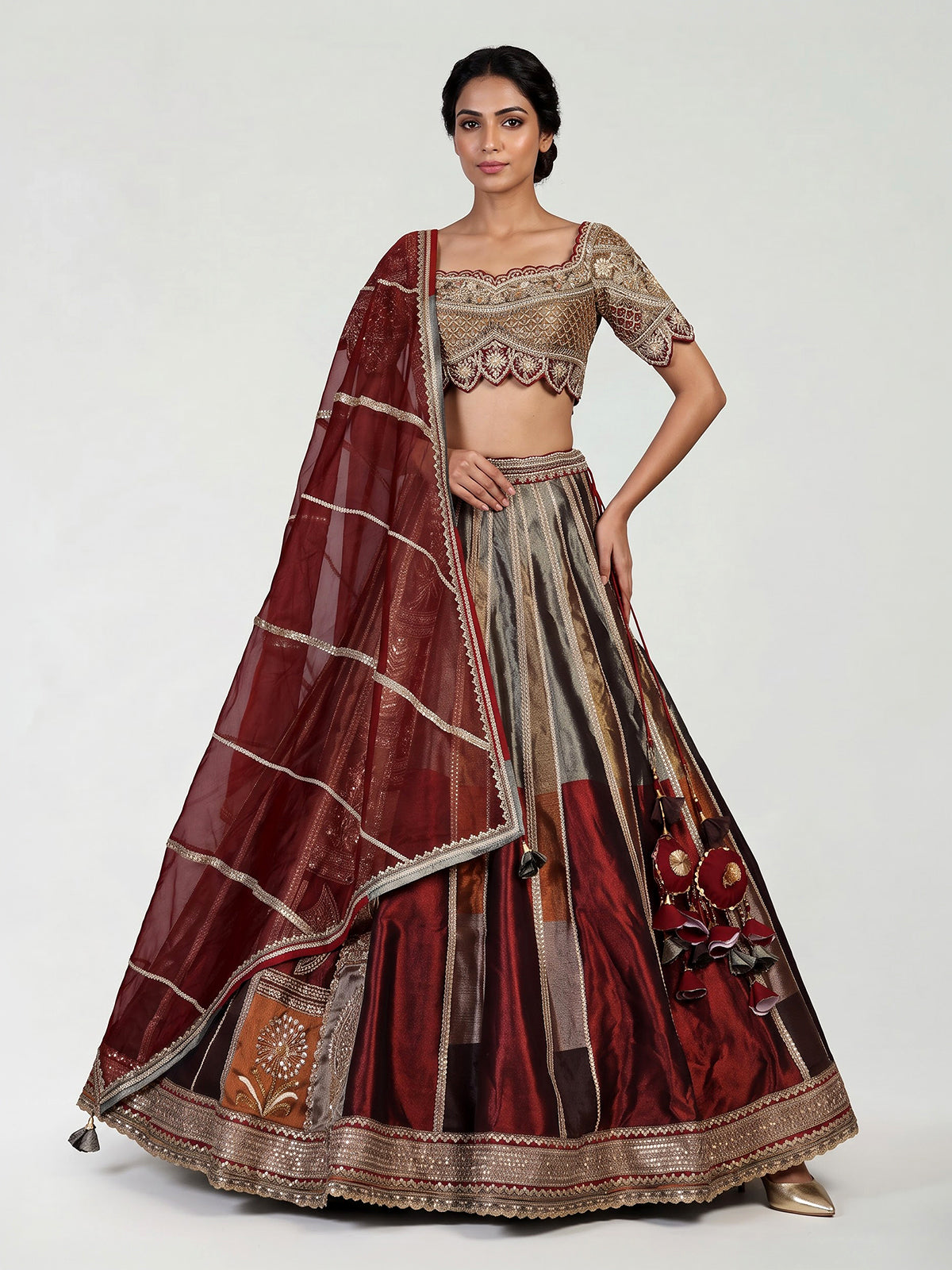 Maroon womens zardosi tissue lehenga choli