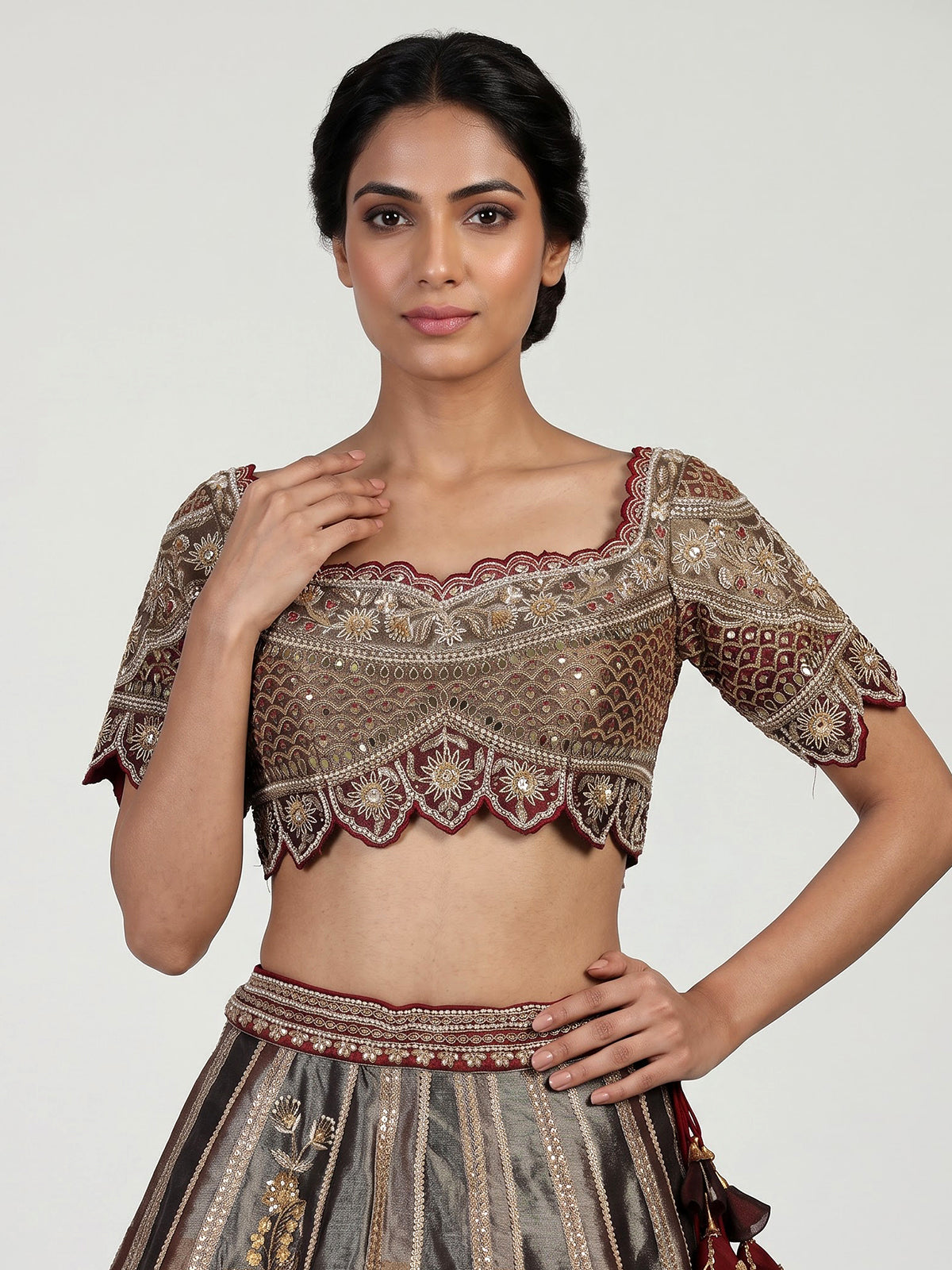 Maroon womens zardosi tissue lehenga choli