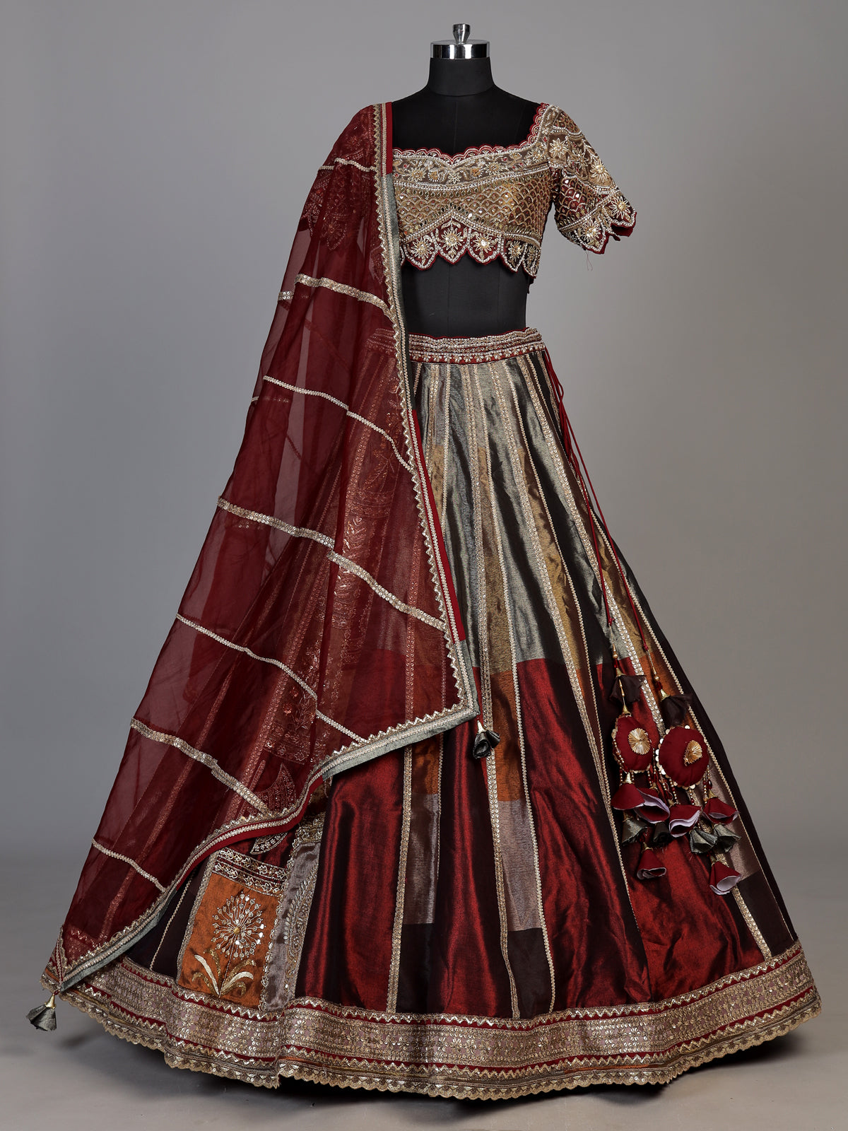 Maroon womens zardosi tissue lehenga choli