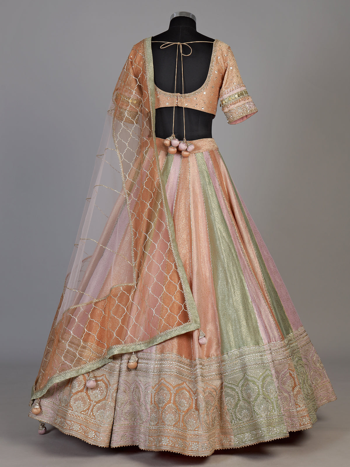 Multi color womens zardosi tissue lehenga