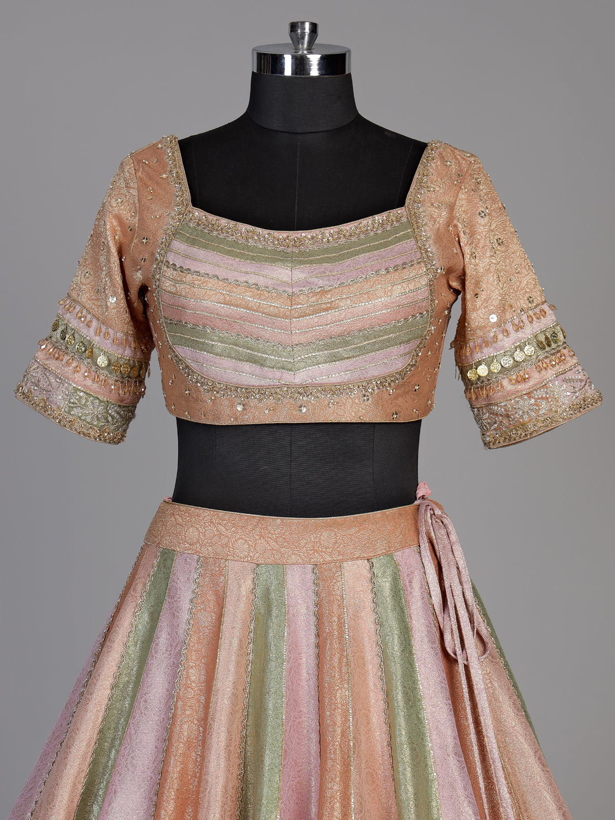 Multi color womens zardosi tissue lehenga