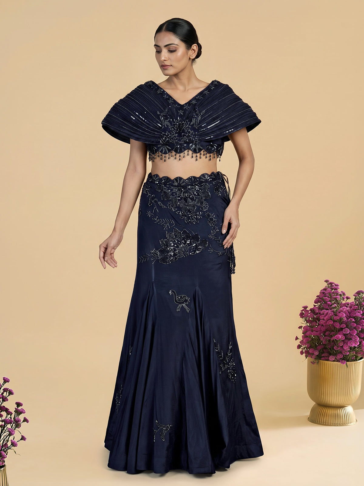 Navy blue womens pleated cape lehenga