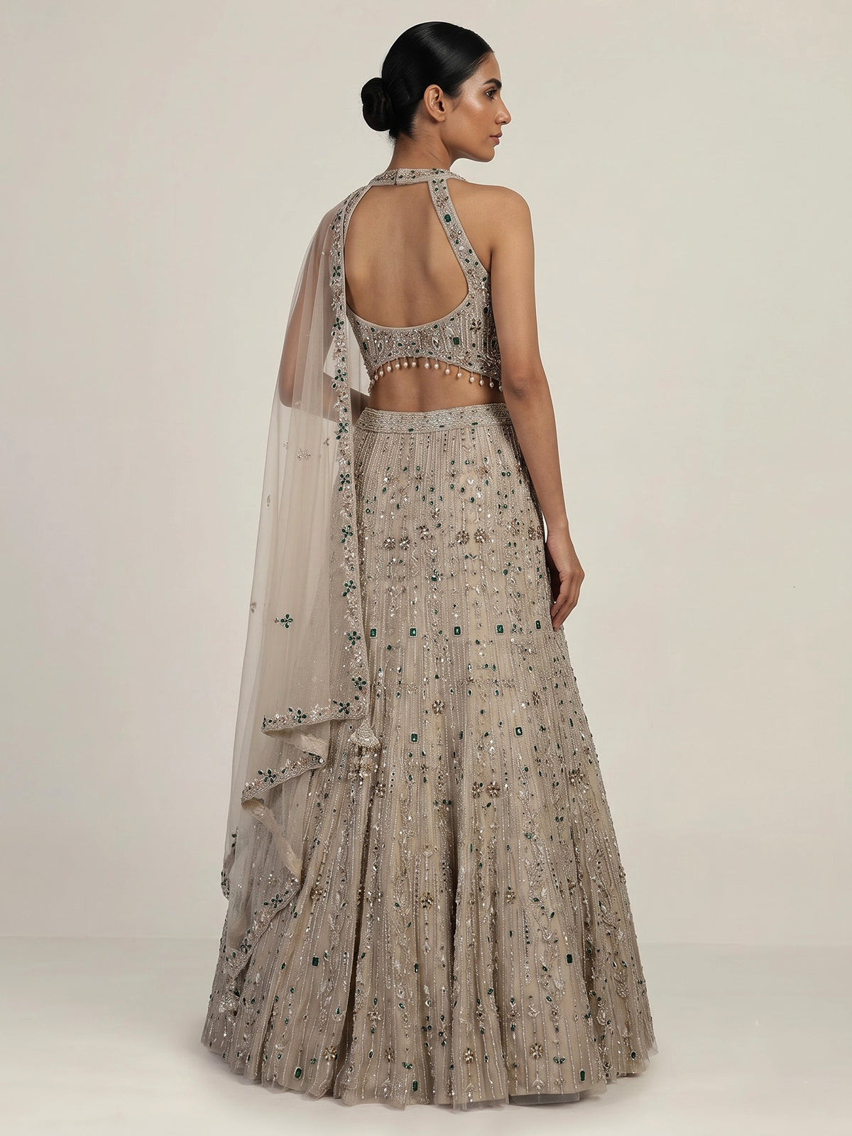 Beige womens emerald crystal lehenga choli