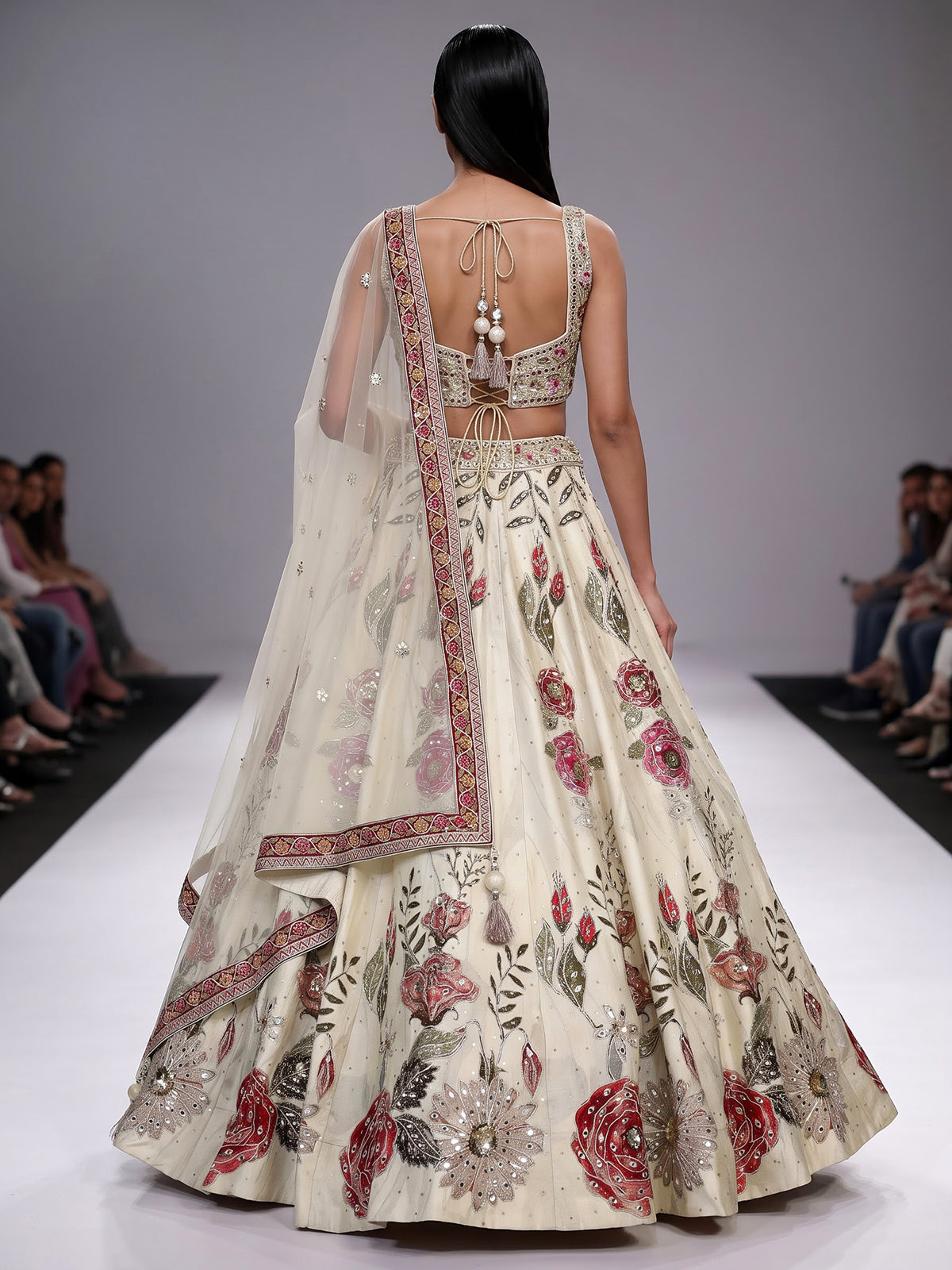 Cream womens floral raw silk lehenga