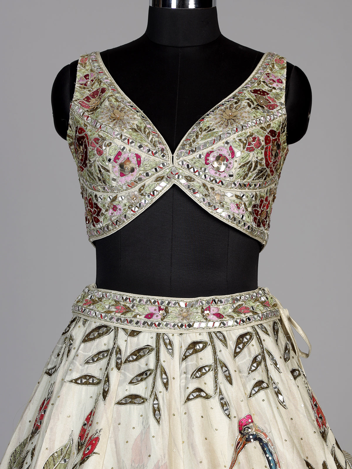Cream womens floral raw silk lehenga