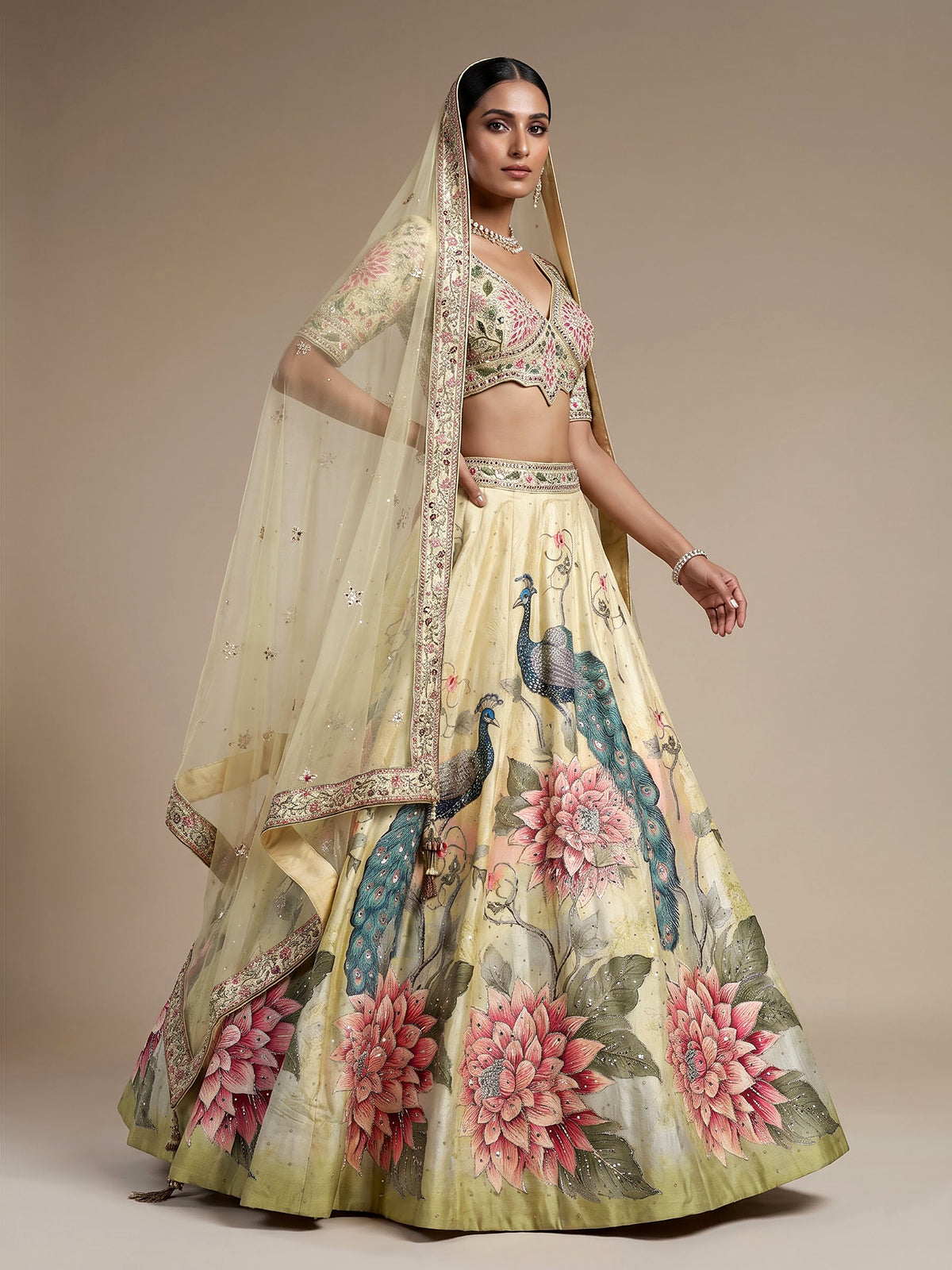 Yellow womens peacock embroidered lehenga choli
