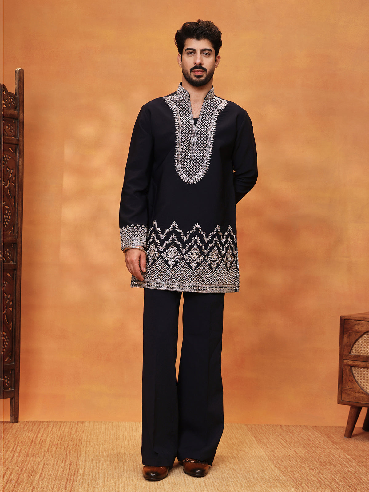 Navy blue viscose crepe silk mens embroidered kurta suit
