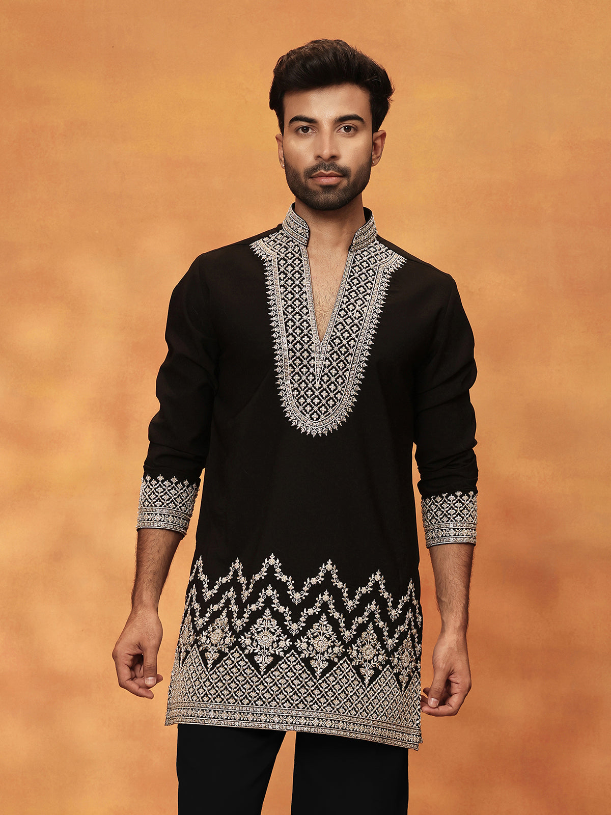 Black viscose crepe silk mens embroidered kurta suit