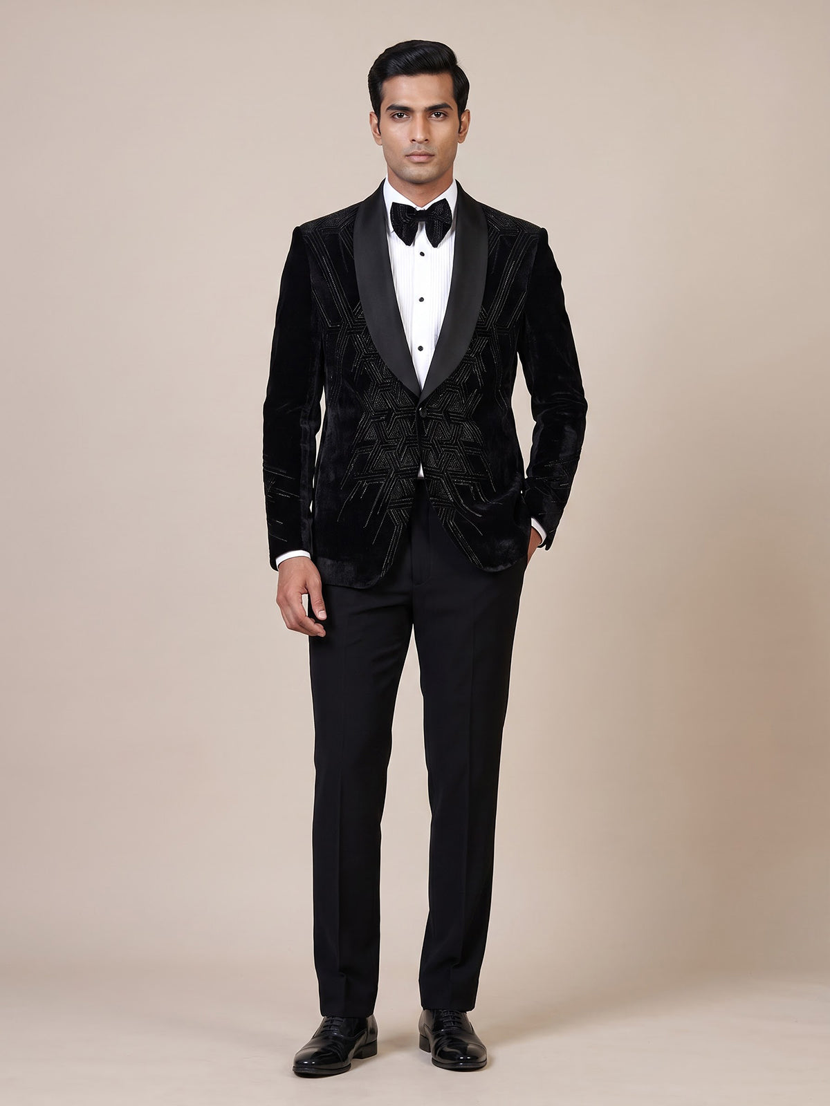 Black mens geometric cutdana velvet coat suit
