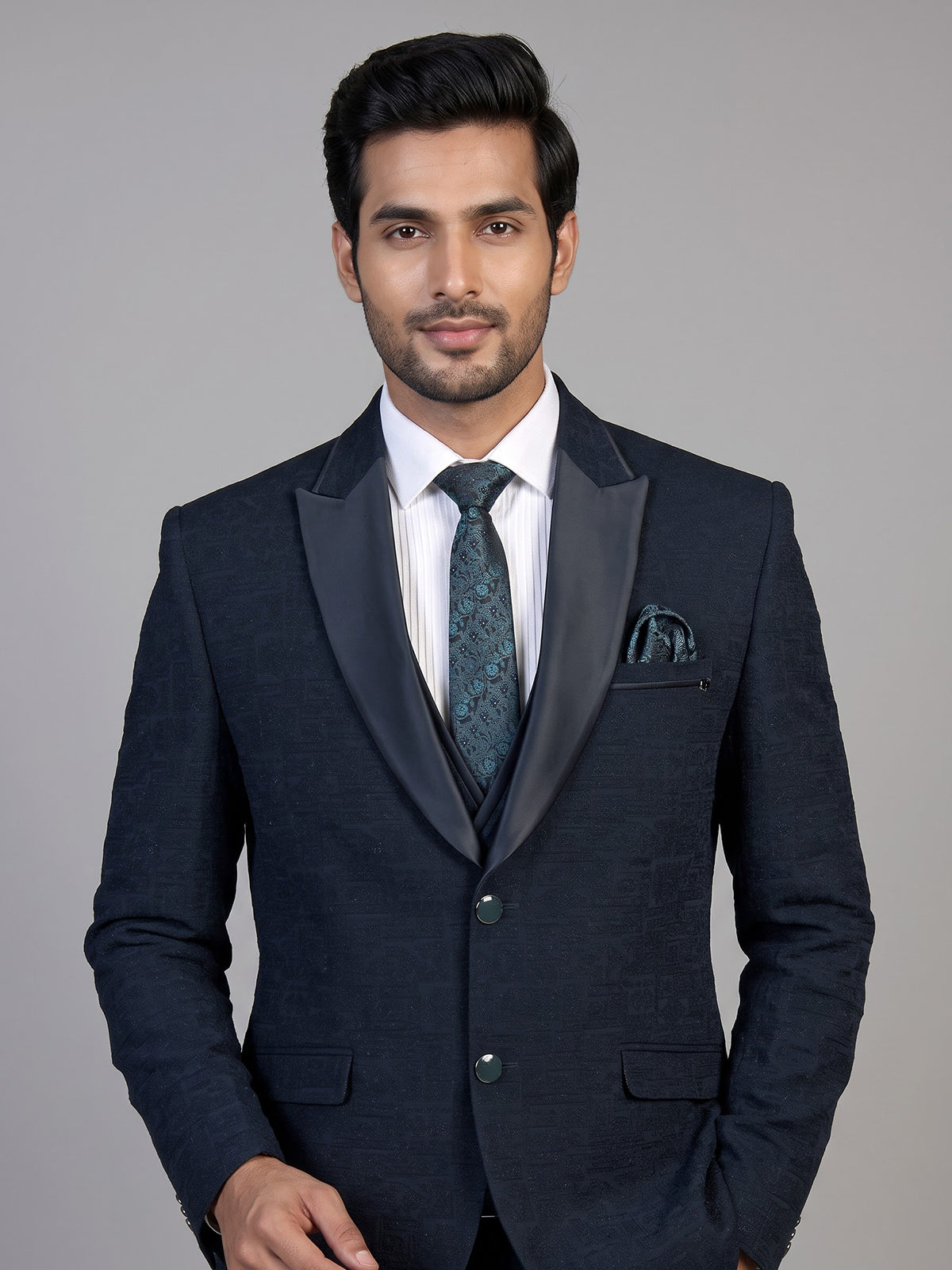 Midnight blue mens embroidered tuxedo coat suit