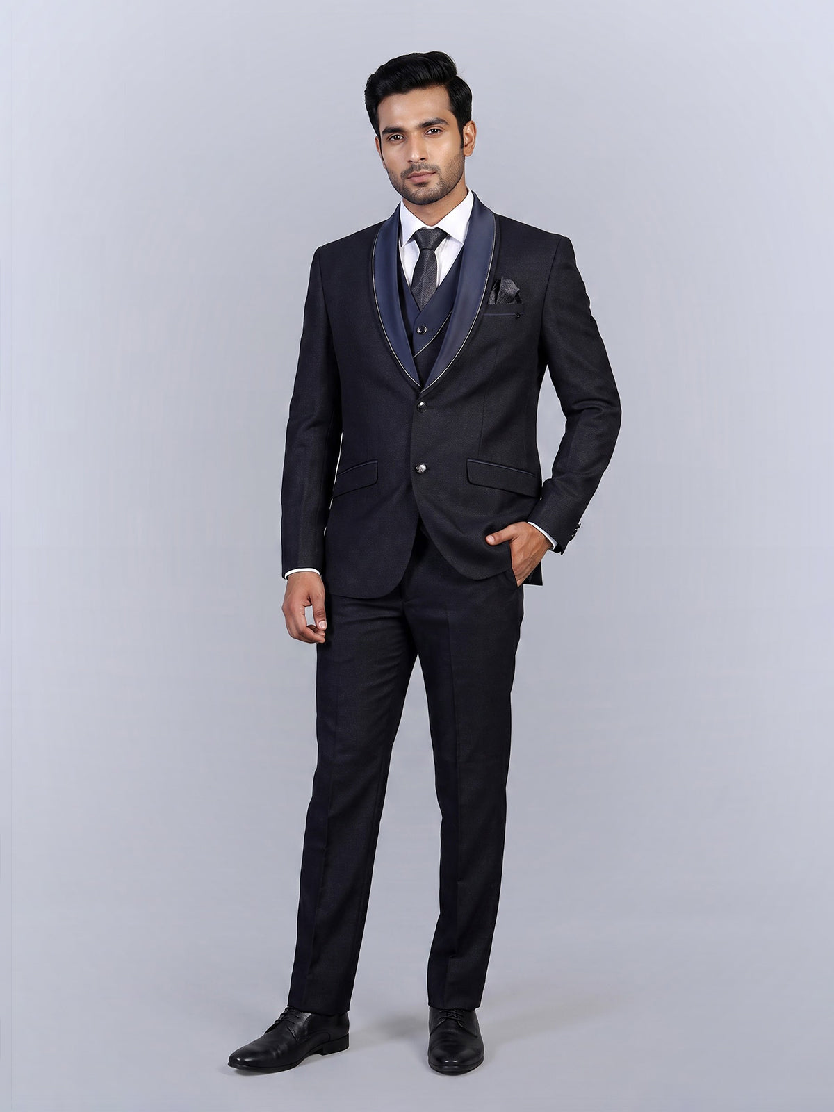 Navy black mens elegant jacquard coat suit