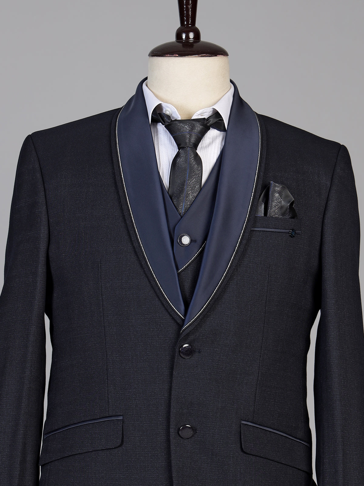 Navy black mens elegant jacquard coat suit