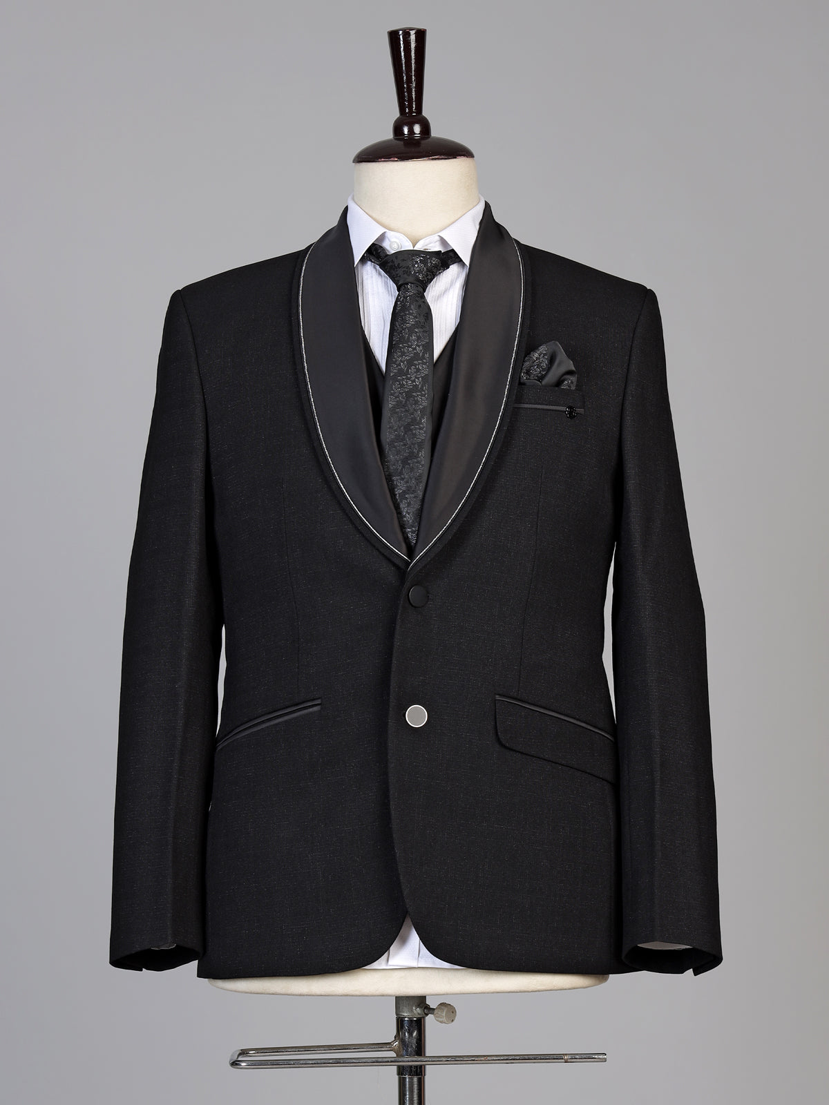 Black mens classic satin shawl coat suit