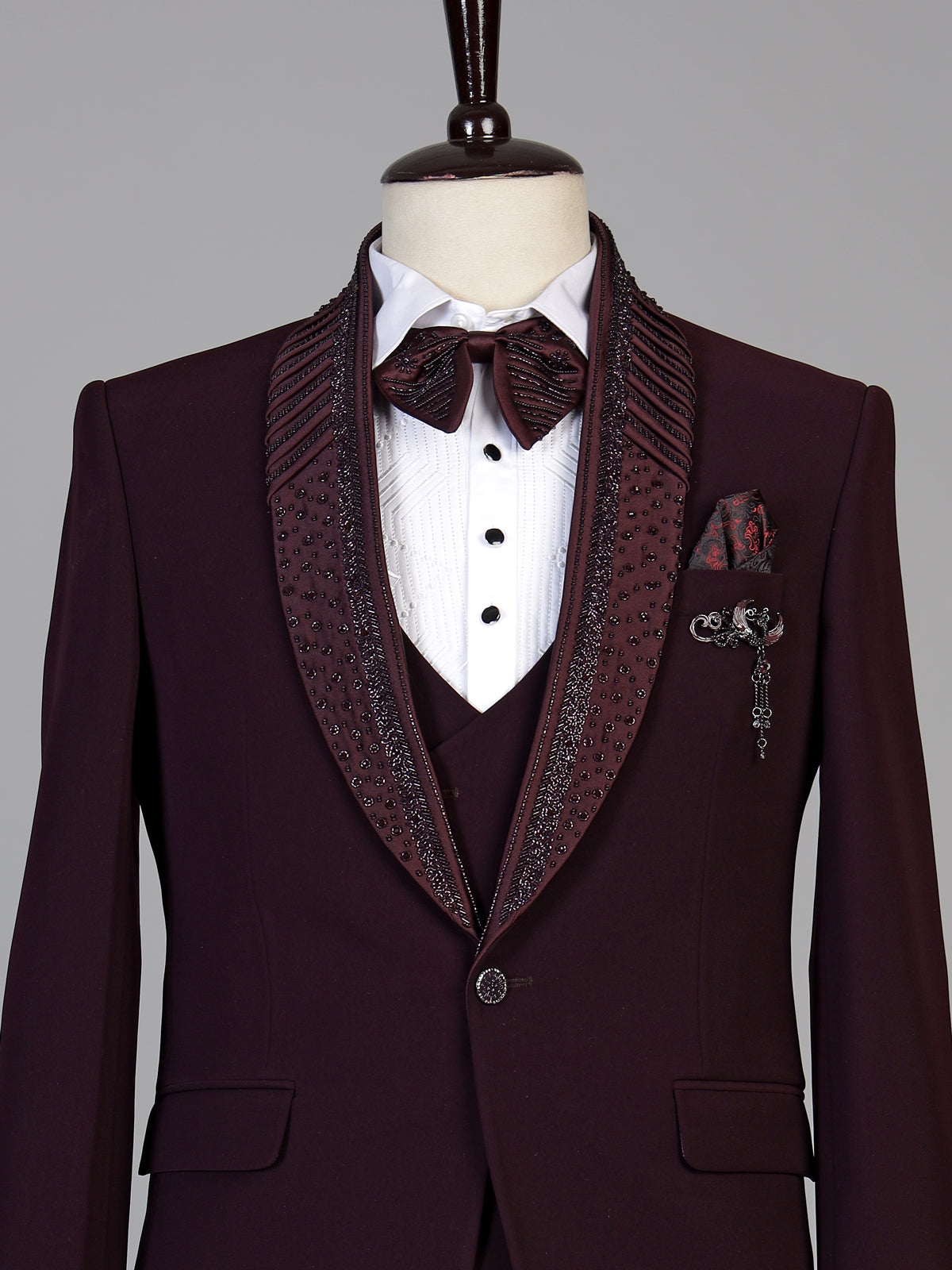 Deep maroon mens cutdana tuxedo coat suit