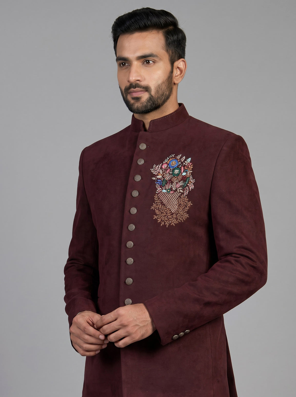 Wine mens floral zardosi jodhpuri suit