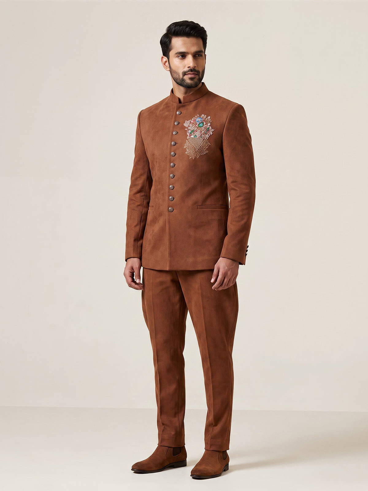 Rust orange mens floral zardosi jodhpuri suit