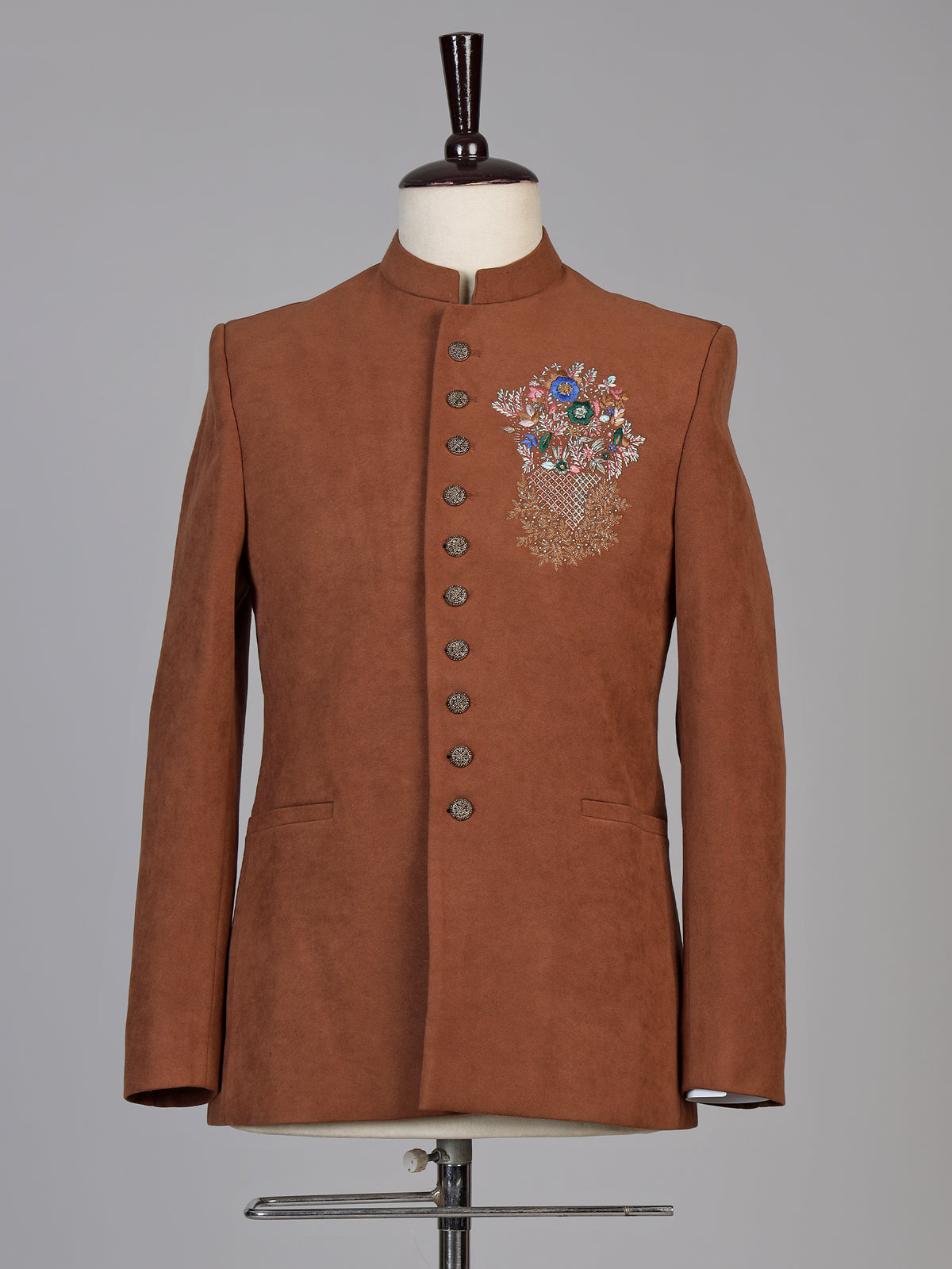 Rust orange mens floral zardosi jodhpuri suit