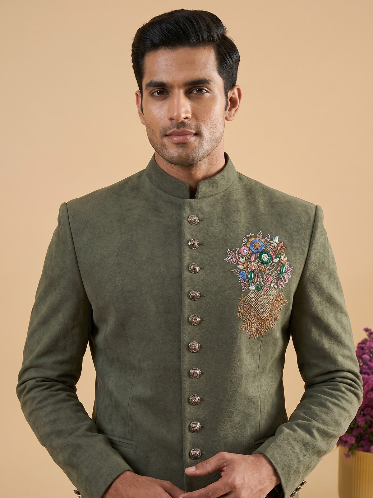 Olive mens floral zardosi jodhpuri suit