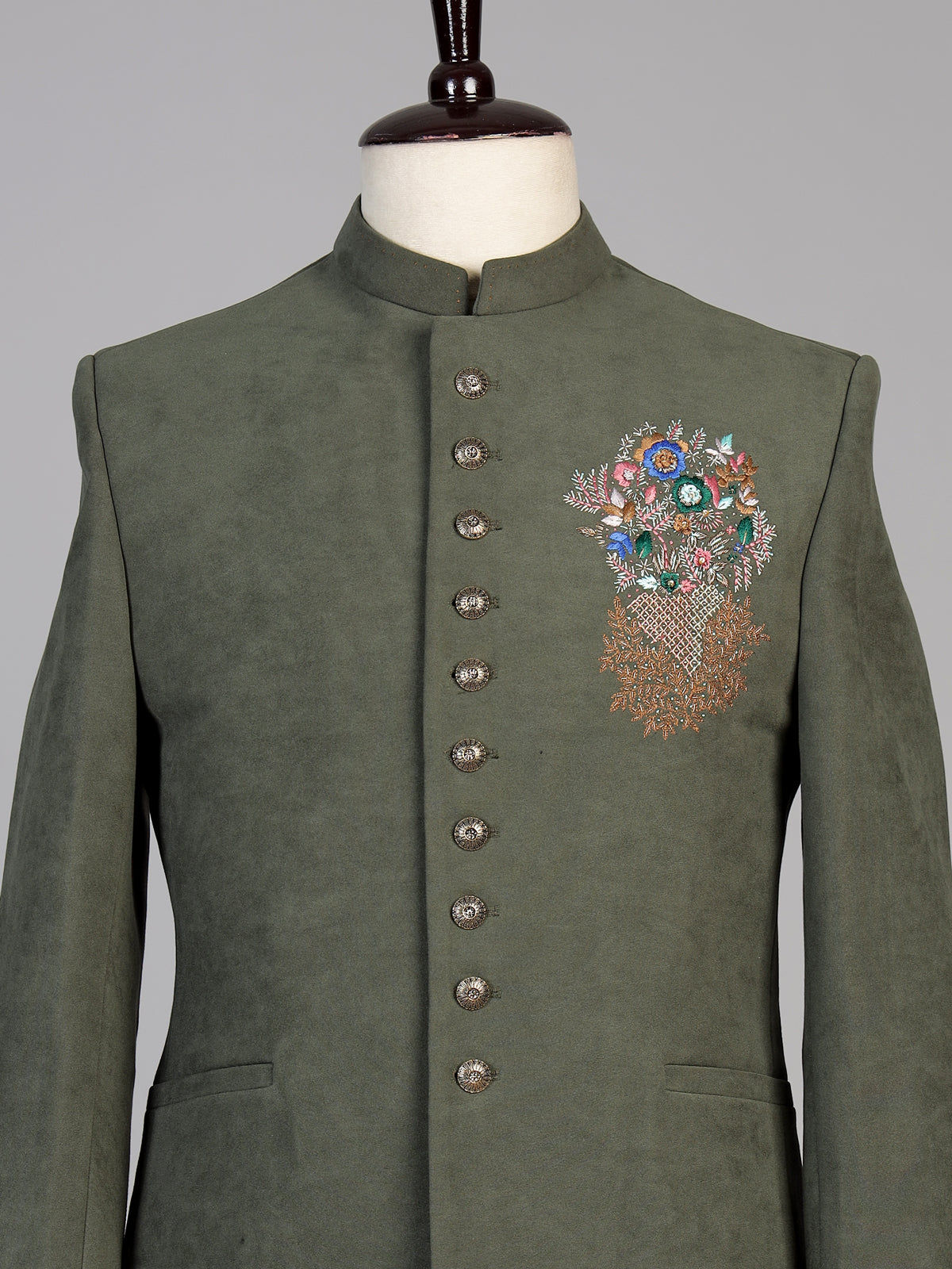 Olive mens floral zardosi jodhpuri suit