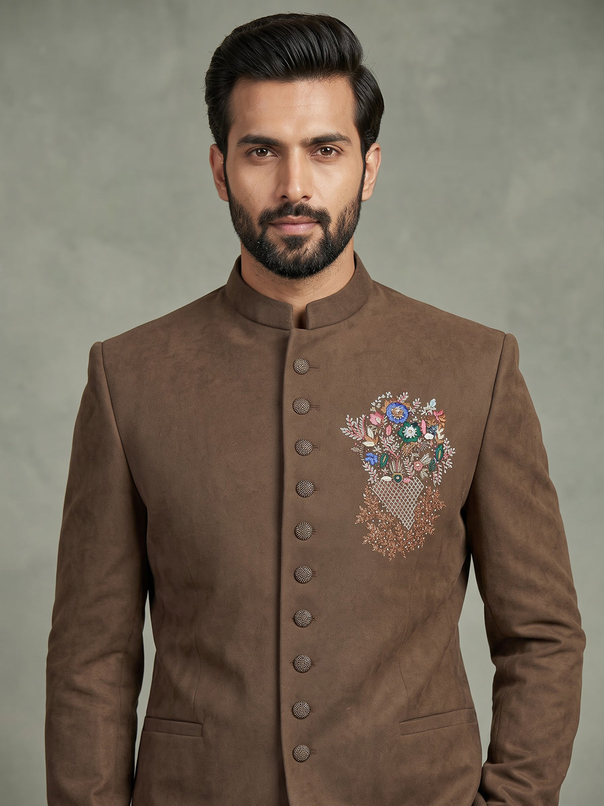 Brown mens floral zardosi jodhpuri suit