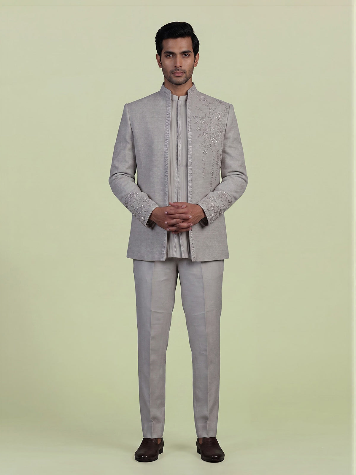 Grey mens botanical jacket jodhpuri suit