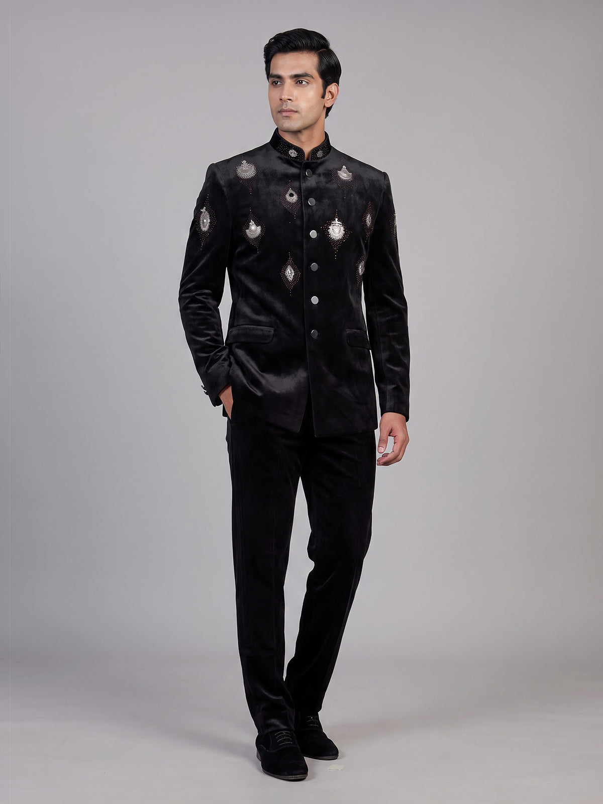 Black mens swarovski embellished jodhpuri suit