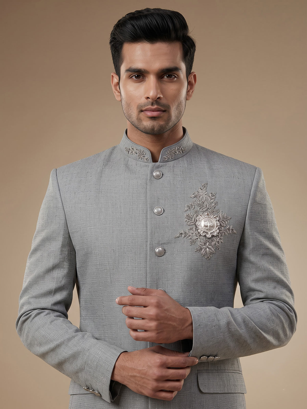 Grey mens royal medallion jodhpuri suit
