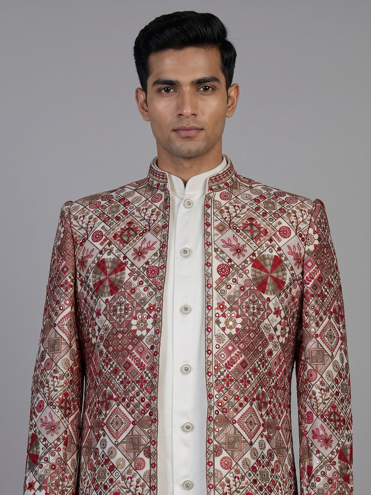 Cream mens geometric embroidered jacket indo western